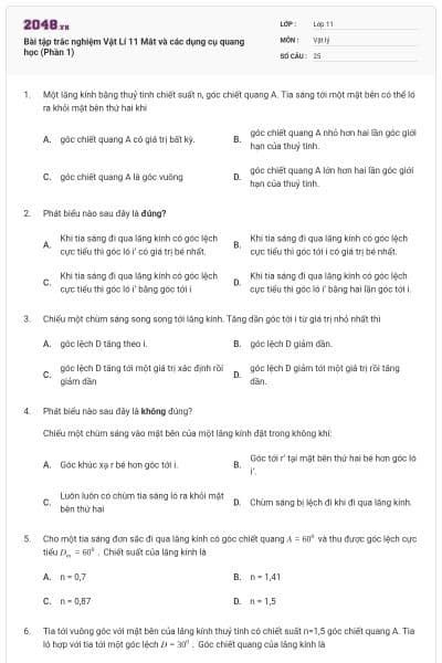 Bài tập trắc nghiệm Vật Lí 11 Mắt và các dụng cụ quang học (Phần 1)