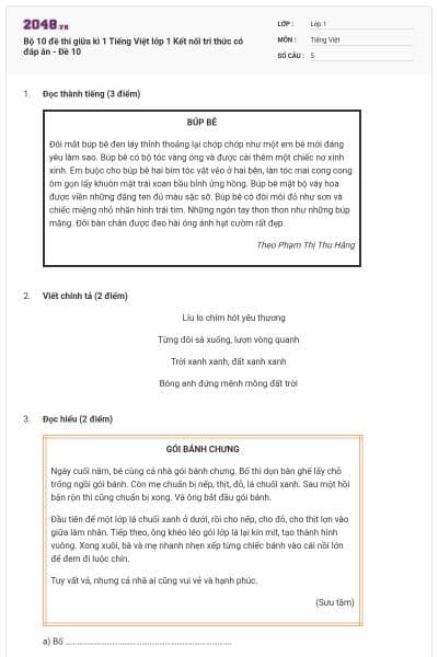 Bộ 10 đề thi giữa kì 1 Tiếng Việt lớp 1 Kết nối tri thức có đáp án - Đề 10