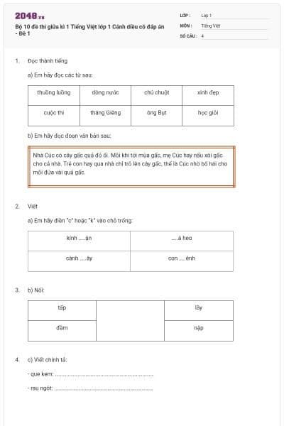 Bộ 10 đề thi giữa kì 1 Tiếng Việt lớp 1 Cánh diều có đáp án - Đề 1