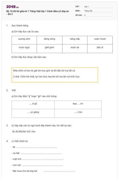 Bộ 10 đề thi giữa kì 1 Tiếng Việt lớp 1 Cánh diều có đáp án - Đề 2