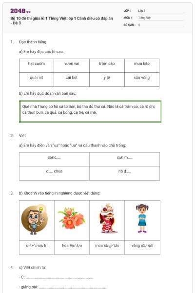 Bộ 10 đề thi giữa kì 1 Tiếng Việt lớp 1 Cánh diều có đáp án - Đề 3