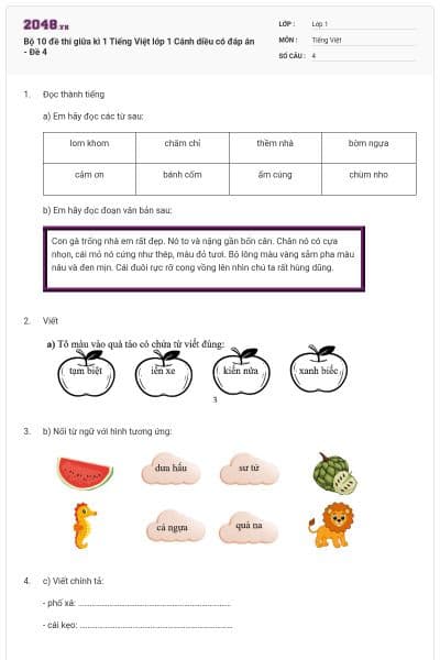 Bộ 10 đề thi giữa kì 1 Tiếng Việt lớp 1 Cánh diều có đáp án - Đề 4