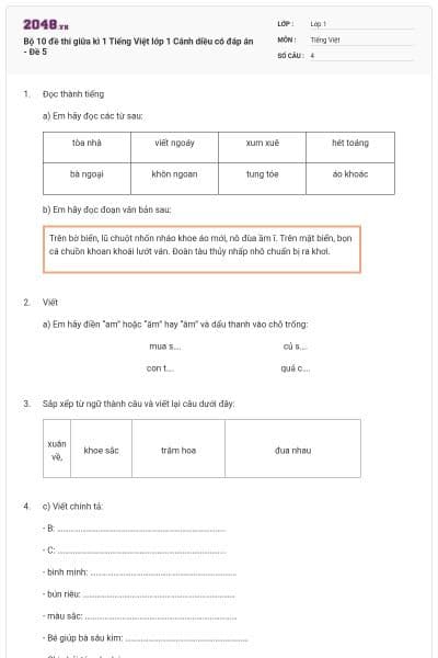 Bộ 10 đề thi giữa kì 1 Tiếng Việt lớp 1 Cánh diều có đáp án - Đề 5