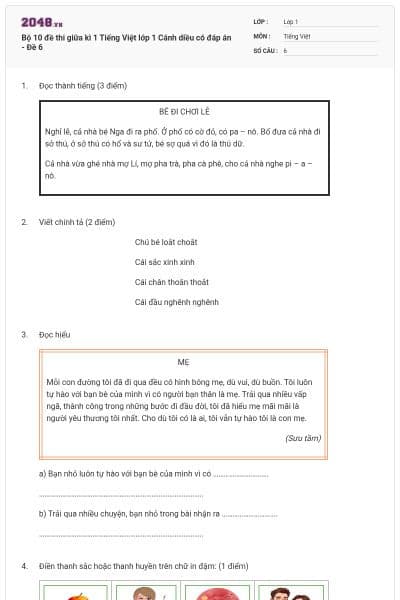 Bộ 10 đề thi giữa kì 1 Tiếng Việt lớp 1 Cánh diều có đáp án - Đề 6