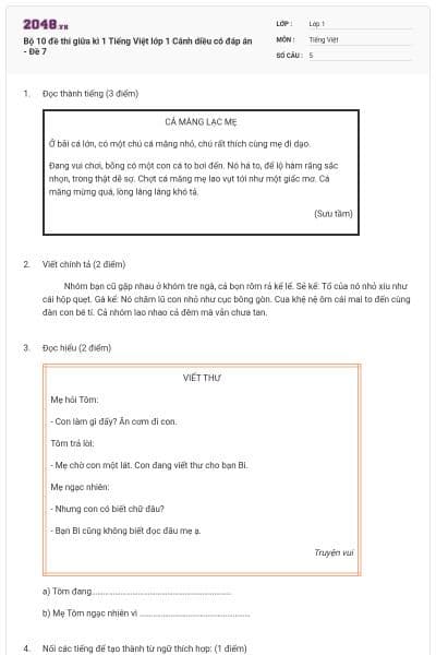Bộ 10 đề thi giữa kì 1 Tiếng Việt lớp 1 Cánh diều có đáp án - Đề 7