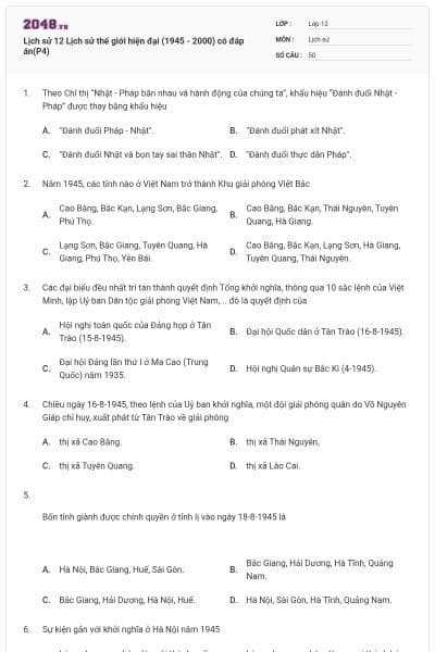 Lịch sử 12 Lịch sử thế giới hiện đại (1945 - 2000) có đáp án(P4)