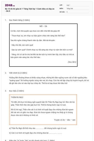Bộ 10 đề thi giữa kì 1 Tiếng Việt lớp 1 Cánh diều có đáp án - Đề 8