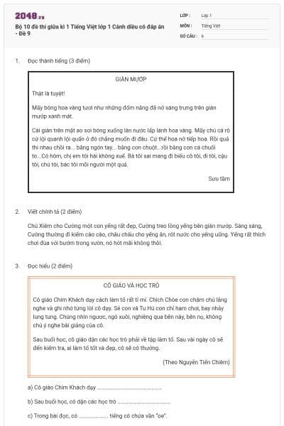 Bộ 10 đề thi giữa kì 1 Tiếng Việt lớp 1 Cánh diều có đáp án - Đề 9