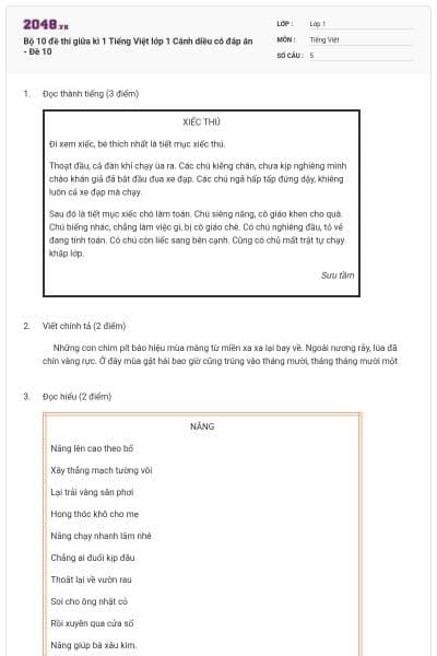 Bộ 10 đề thi giữa kì 1 Tiếng Việt lớp 1 Cánh diều có đáp án - Đề 10