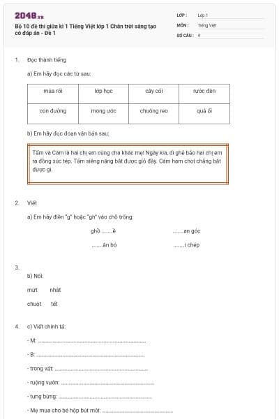 Bộ 10 đề thi giữa kì 1 Tiếng Việt lớp 1 Chân trời sáng tạo có đáp án - Đề 1