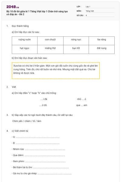 Bộ 10 đề thi giữa kì 1 Tiếng Việt lớp 1 Chân trời sáng tạo có đáp án - Đề 2