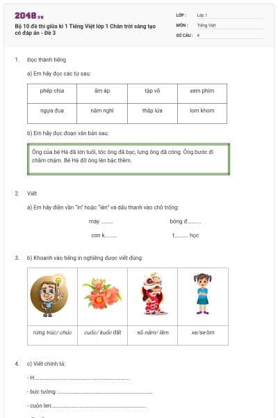 Bộ 10 đề thi giữa kì 1 Tiếng Việt lớp 1 Chân trời sáng tạo có đáp án - Đề 3
