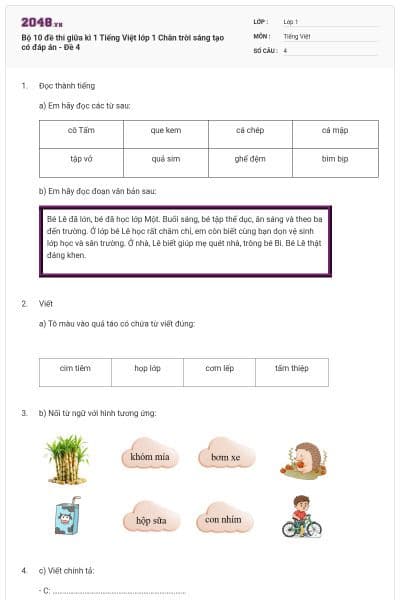 Bộ 10 đề thi giữa kì 1 Tiếng Việt lớp 1 Chân trời sáng tạo có đáp án - Đề 4