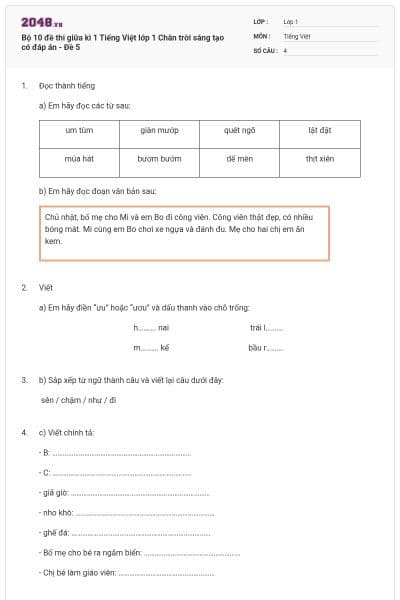 Bộ 10 đề thi giữa kì 1 Tiếng Việt lớp 1 Chân trời sáng tạo có đáp án - Đề 5