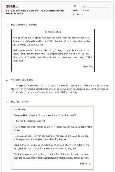 Bộ 10 đề thi giữa kì 1 Tiếng Việt lớp 1 Chân trời sáng tạo có đáp án - Đề 8