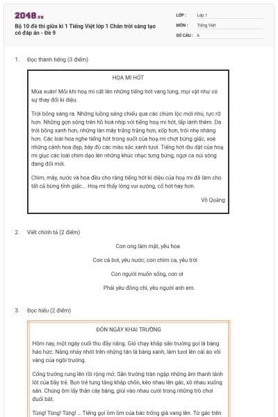 Bộ 10 đề thi giữa kì 1 Tiếng Việt lớp 1 Chân trời sáng tạo có đáp án - Đề 9