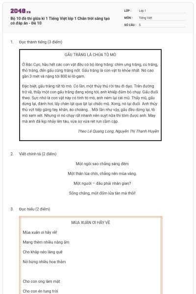 Bộ 10 đề thi giữa kì 1 Tiếng Việt lớp 1 Chân trời sáng tạo có đáp án - Đề 10