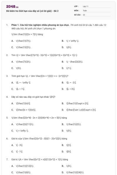 Đề kiểm tra Giới hạn của dãy số (có lời giải) - Đề 2