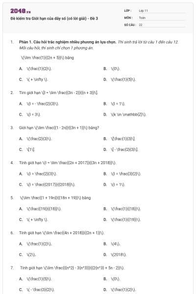 Đề kiểm tra Giới hạn của dãy số (có lời giải) - Đề 3