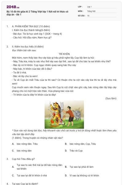 Bộ 10 đề thi giữa kì 2 Tiếng Việt lớp 1 Kết nối tri thức có đáp án - Đề 1