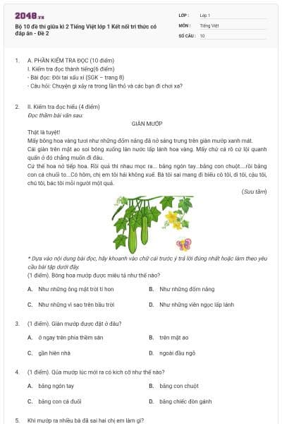 Bộ 10 đề thi giữa kì 2 Tiếng Việt lớp 1 Kết nối tri thức có đáp án - Đề 2
