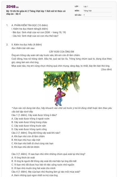 Bộ 10 đề thi giữa kì 2 Tiếng Việt lớp 1 Kết nối tri thức có đáp án - Đề 4