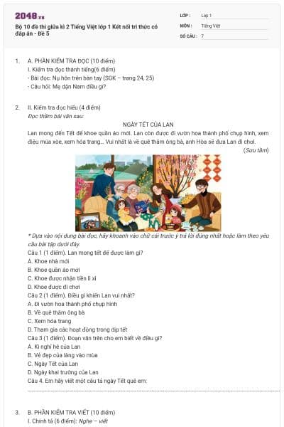 Bộ 10 đề thi giữa kì 2 Tiếng Việt lớp 1 Kết nối tri thức có đáp án - Đề 5