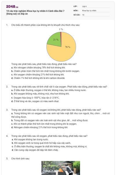 10 câu trắc nghiệm Khoa học tự nhiên 6 Cánh diều Bài 7 (Đúng sai) có đáp án