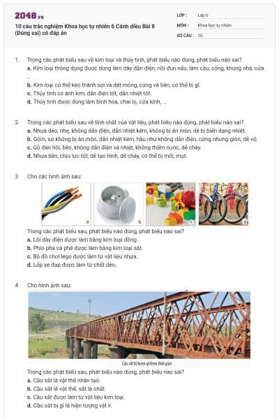 10 câu trắc nghiệm Khoa học tự nhiên 6 Cánh diều Bài 8 (Đúng sai) có đáp án