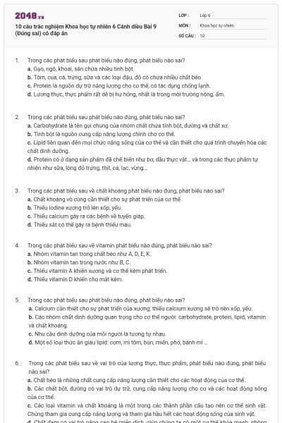 10 câu trắc nghiệm Khoa học tự nhiên 6 Cánh diều Bài 9 (Đúng sai) có đáp án