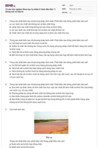 10 câu trắc nghiệm Khoa học tự nhiên 6 Cánh diều Bài 11 (Đúng sai) có đáp án