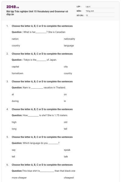 Bài tập Trắc nghiệm Unit 15 Vocabulary and Grammar có đáp án