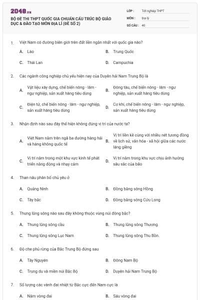 BỘ ĐỀ THI THPT QUỐC GIA CHUẨN CẤU TRÚC BỘ GIÁO DỤC & ĐÀO TẠO MÔN ĐỊA LÍ (ĐỀ SỐ 2)
