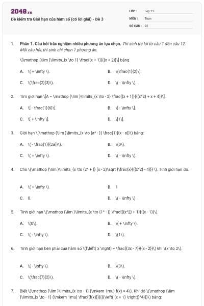 Đề kiểm tra Giới hạn của hàm số (có lời giải) - Đề 3