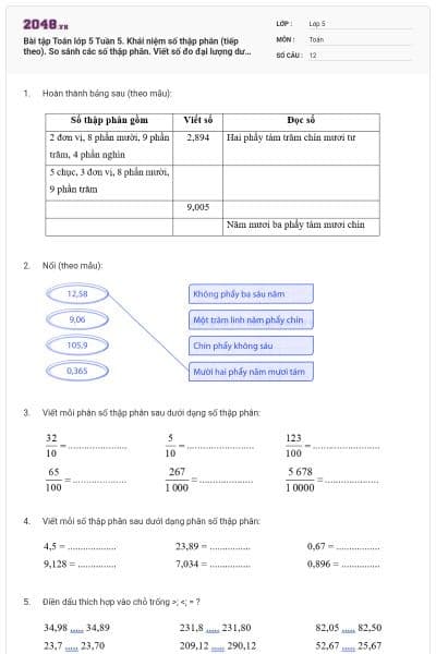 Bài tập Toán lớp 5 Tuần 5. Khái niệm số thập phân (tiếp theo). So sánh các số thập phân. Viết số đo đại lượng dưới dạng số thập phân có đáp án