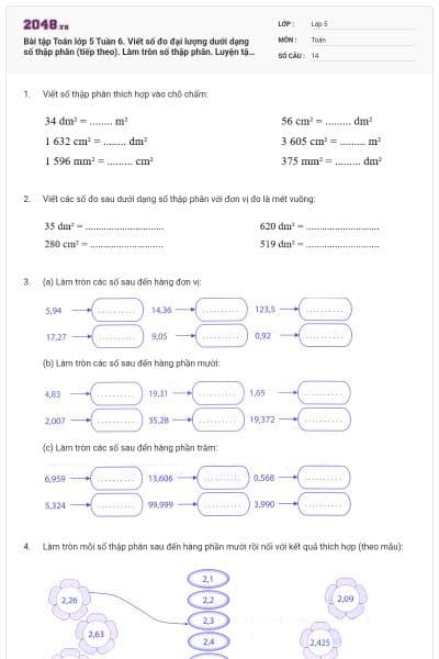 Bài tập Toán lớp 5 Tuần 6. Viết số đo đại lượng dưới dạng số thập phân (tiếp theo). Làm tròn số thập phân. Luyện tập chung có đáp án