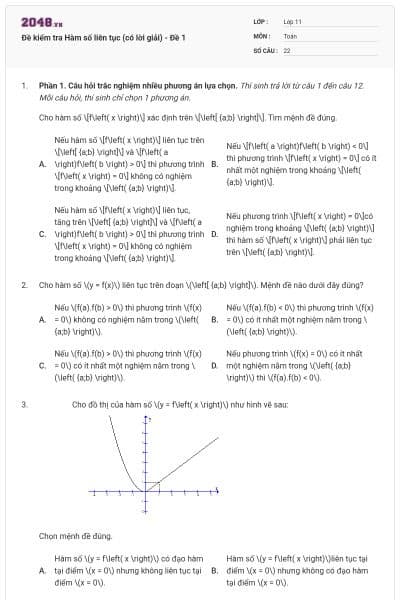 Đề kiểm tra Hàm số liên tục (có lời giải) - Đề 1