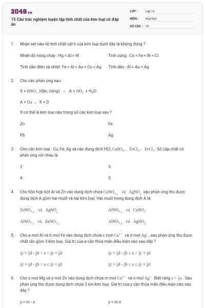 15 Câu trắc nghiệm luyện tập tính chất của kim loại có đáp án