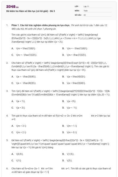 Đề kiểm tra Hàm số liên tục (có lời giải) - Đề 3