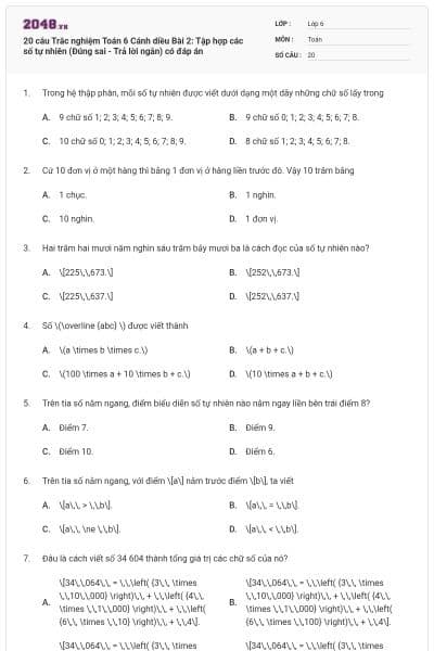 20 câu Trắc nghiệm Toán 6 Cánh diều Bài 2: Tập hợp các số tự nhiên (Đúng sai - Trả lời ngắn) có đáp án