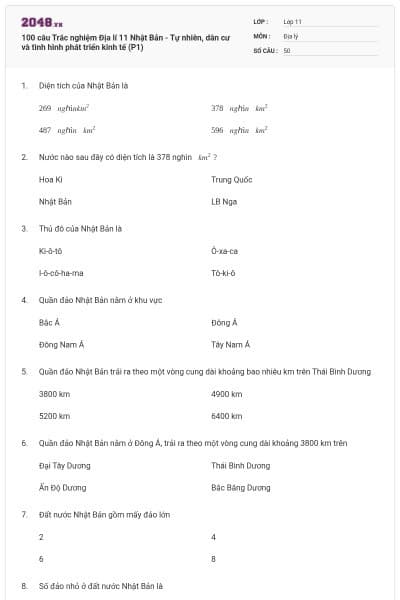 100 câu Trắc nghiệm Địa lí 11 Nhật Bản - Tự nhiên, dân cư và tình hình phát triển kinh tế (P1)