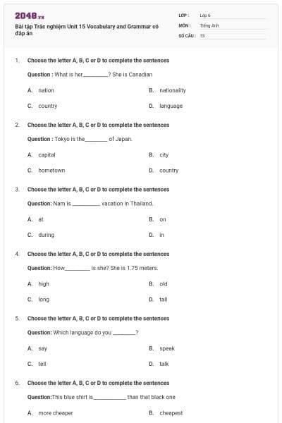 Bài tập Trắc nghiệm Unit 15 Vocabulary and Grammar có đáp án