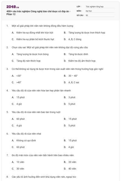 400+ câu trắc nghiệm Công nghệ bào chế dược có đáp án - Phần 12