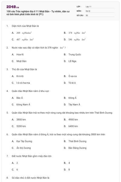 100 câu Trắc nghiệm Địa lí 11 Nhật Bản - Tự nhiên, dân cư và tình hình phát triển kinh tế (P1)
