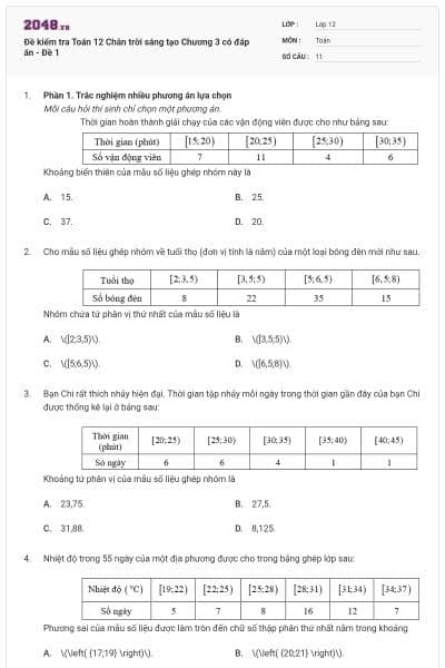 Đề kiểm tra Toán 12 Chân trời sáng tạo Chương 3 có đáp án - Đề 1