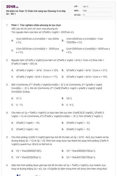 Đề kiểm tra Toán 12 Chân trời sáng tạo Chương 4 có đáp án - Đề 1