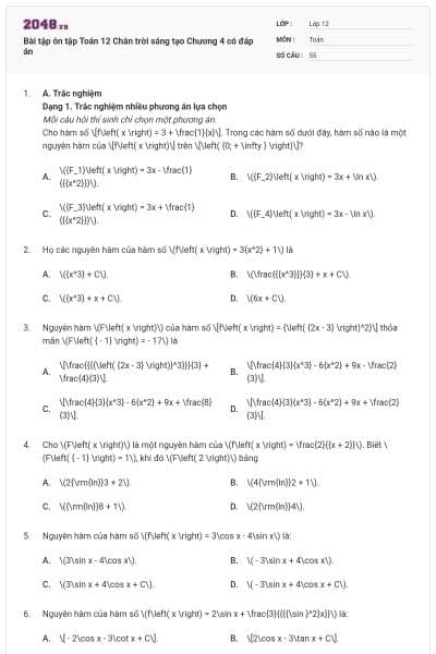 Bài tập ôn tập  Toán 12 Chân trời sáng tạo Chương 4 có đáp án