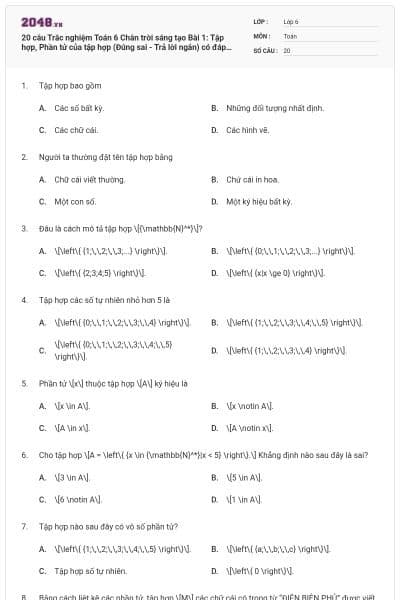20 câu Trắc nghiệm Toán 6 Chân trời sáng tạo Bài 1: Tập hợp, Phần tử của tập hợp (Đúng sai - Trả lời ngắn) có đáp án