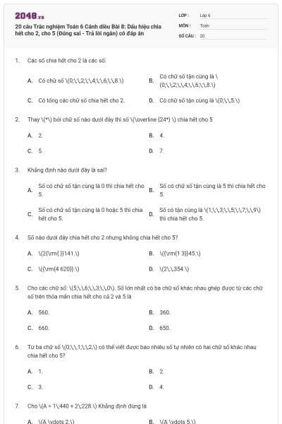 20 câu Trắc nghiệm Toán 6 Cánh diều Bài 8: Dấu hiệu chia hết cho 2, cho 5 (Đúng sai - Trả lời ngắn) có đáp án