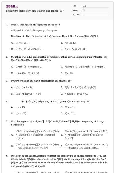 Đề kiểm tra Toán 9 Cánh diều Chương 1 có đáp án - Đề 1